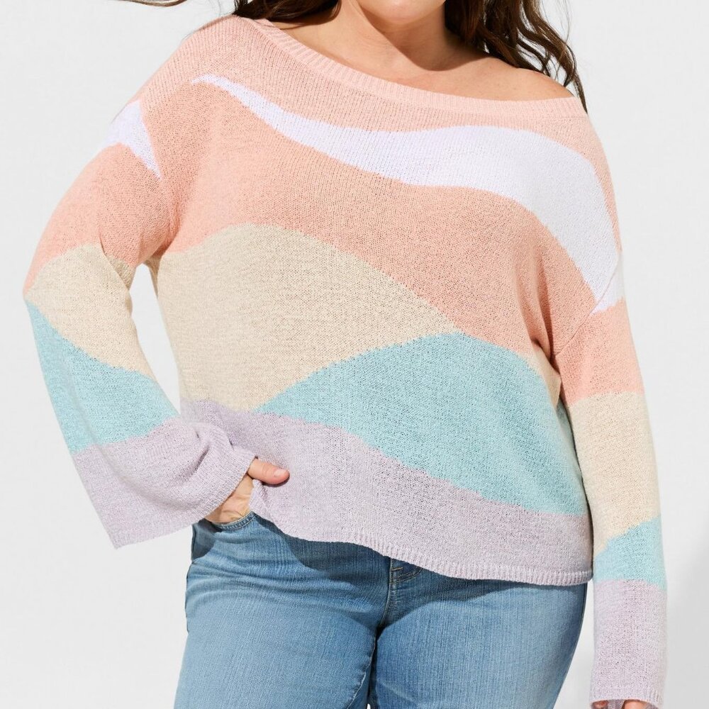 RAINBOW COLOR INTARSIA PULLOVER OFF SHOULDER SWEATER 2X 2 18 20 NWOT